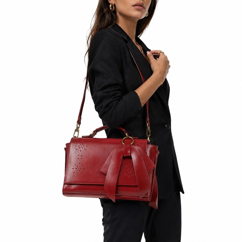 Walasa Red Split Leather Laser Cut Perforated Floral‎ Bow Crossbody Satchel Bag